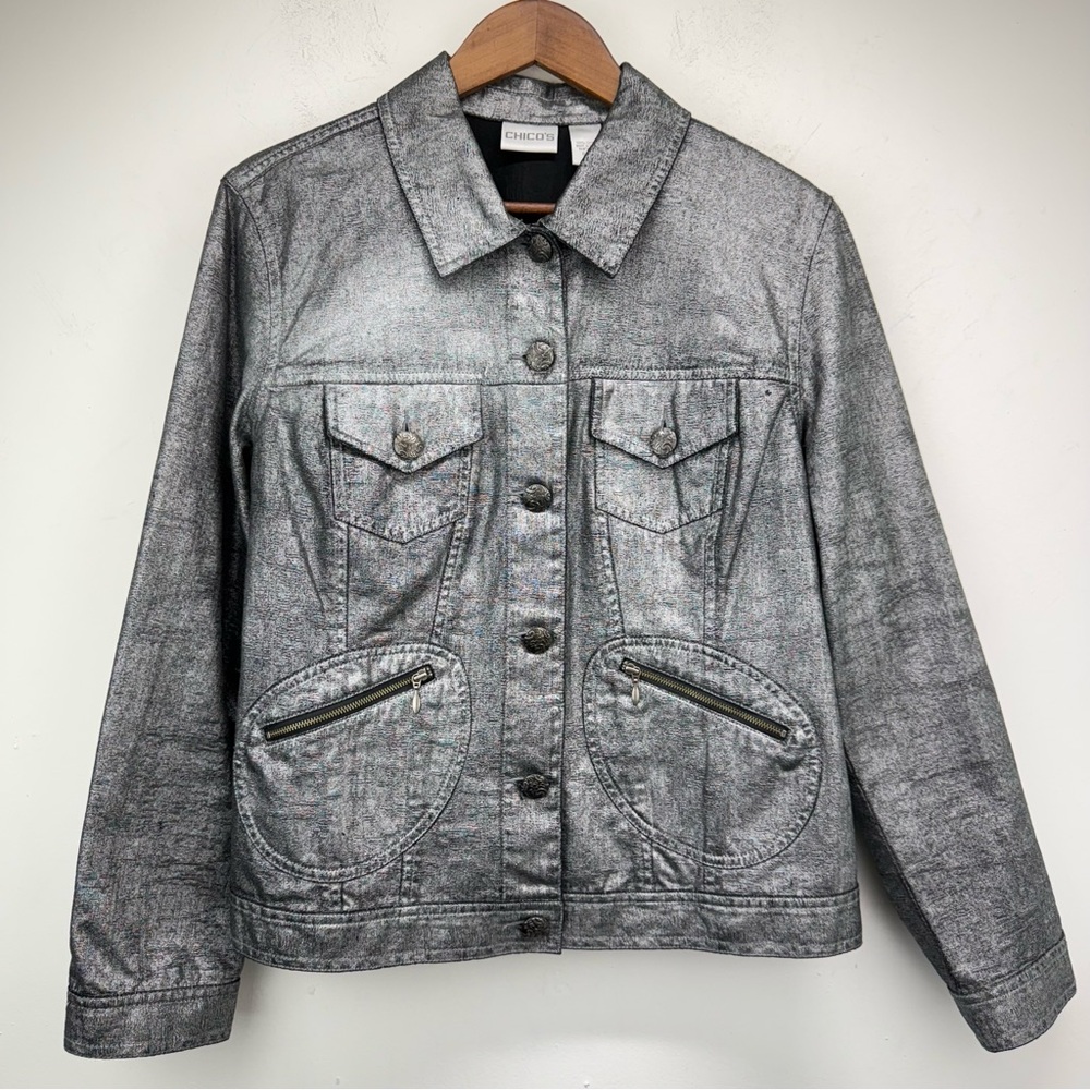 Chico’s size 2/Large Women’s Black Silver Metallic Button Up Trucker Jacket